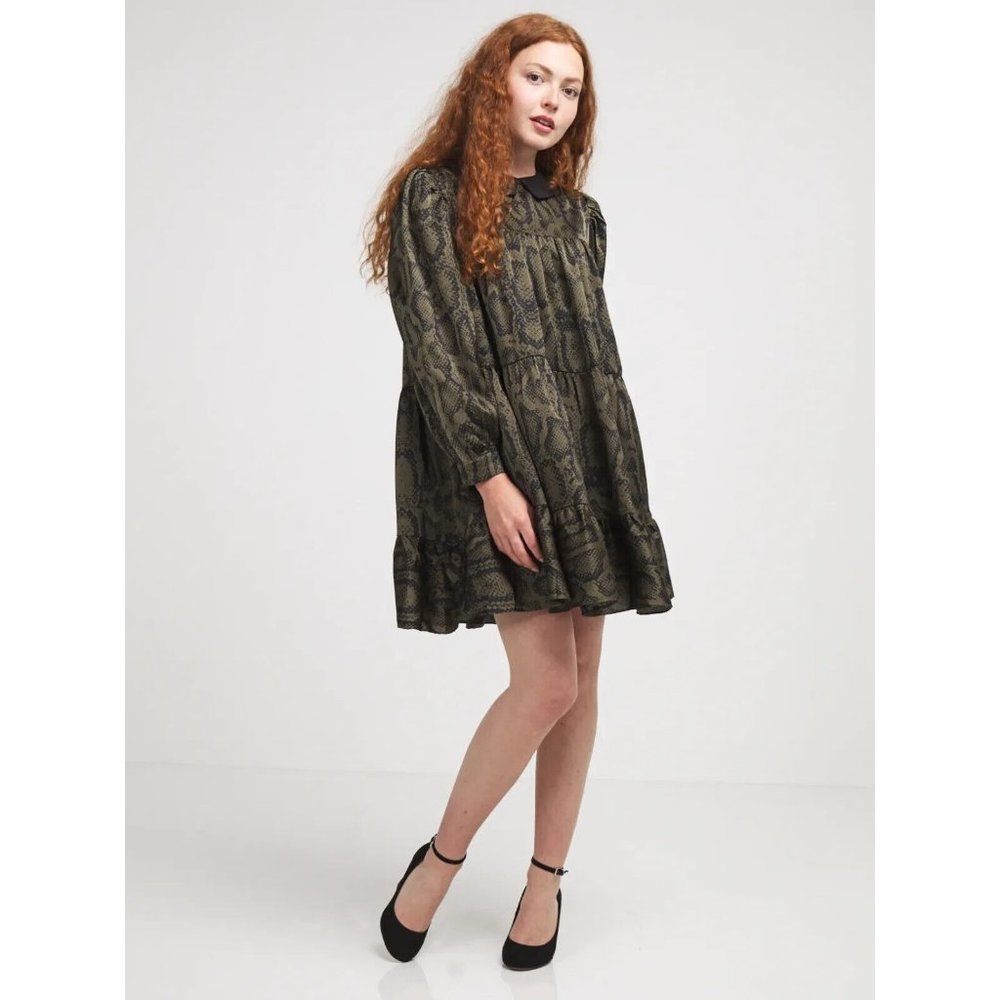 Molly Bracken Dress Green Snake Print Long Sleeve Ruffle Babydoll